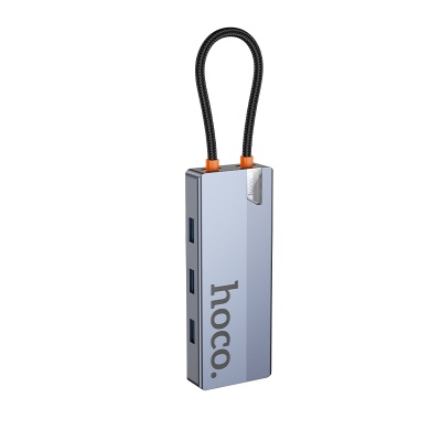 Переходник/Адаптер HOCO HB51 Wow 6 в 1 Type-C (m) - 3xUSB3.0 + Type-C PD + HDMI + RJ45, 19 см, серый металлик