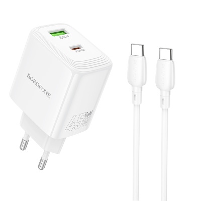 Сетевое зарядное устройство BOROFONE BN30 Cargador 1xUSB + 1xUSB-C с Кабелем Type-C - Type-C, 45W, белый
