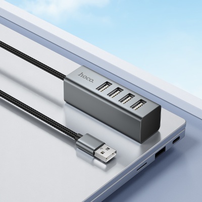 USB HUB разветвитель HOCO HB1A 4 в 1 USB (m) - 4xUSB2.0 (f), 1 м, серый металлик