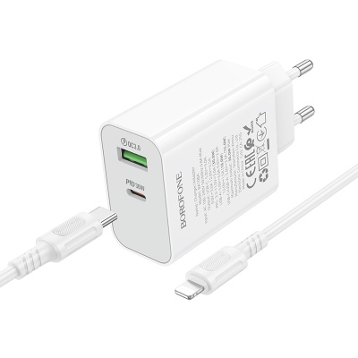 Сетевое зарядное устройство BOROFONE BA108A Stellar 1xUSB + 1xUSB-C с Кабелем Type-C - Lightning, 3A, 30W, белый