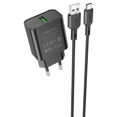Сетевое зарядное устройство BOROFONE BA72A Spring 1xUSB с Кабелем USB - Type-C, 18W, черный