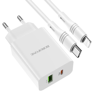 Сетевое зарядное устройство BOROFONE BA56A Lavida 1xUSB + 1xUSB-C с Кабелем Type-C - Lightning, 3.0A, 18W, белый