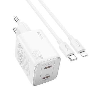 Сетевое зарядное устройство HOCO N42 Elogiado 2xUSB-C с Кабелем Type-C - Lightning, 45W, белый