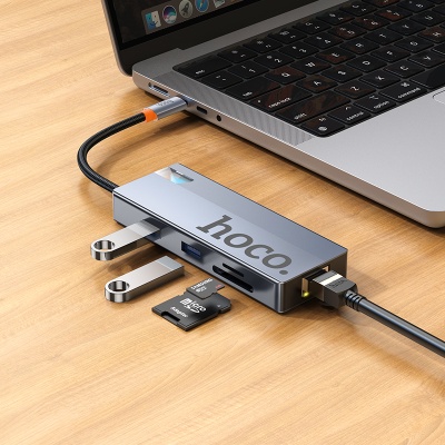 Переходник/Адаптер HOCO HB52 Wow 8 в 1 Type-C (m) - 2xUSB3.0 + Type-C PD + USB-C + HDMI + SD/TF + RJ45, 19 см, серый металлик