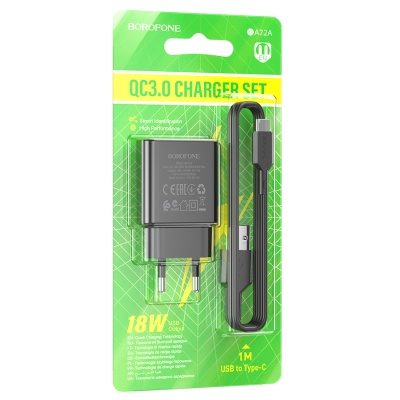 Сетевое зарядное устройство BOROFONE BA72A Spring 1xUSB с Кабелем USB - Type-C, 18W, черный