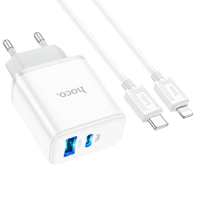 Сетевое зарядное устройство HOCO C105A Stage 1xUSB + 1xUSB-C с Кабелем Type-C - Lightning, 3A, 20W, белый