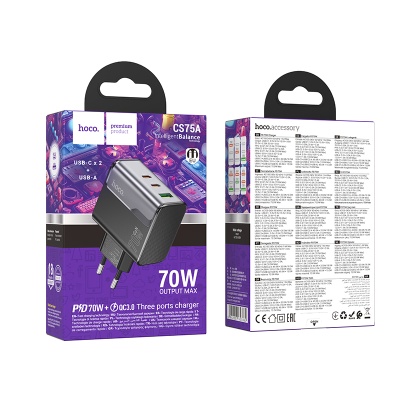Сетевое зарядное устройство HOCO CS75A Star 1xUSB + 2xUSB-C, 70W, черный