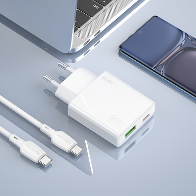 Сетевое зарядное устройство BOROFONE BN24 Wish 1xUSB + 1xUSB-C с Кабелем Type-C - Type-C, 3A, 20W, белый