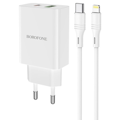 Сетевое зарядное устройство BOROFONE BA56A Lavida 1xUSB + 1xUSB-C с Кабелем Type-C - Lightning, 3.0A, 18W, белый