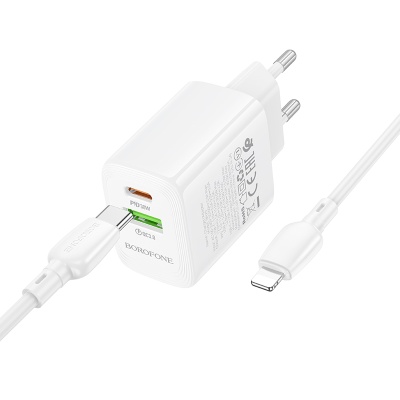 Сетевое зарядное устройство BOROFONE BN29 Fuente 1xUSB + 1xUSB-C с Кабелем Type-C - Lightning, 3A, 30W, белый
