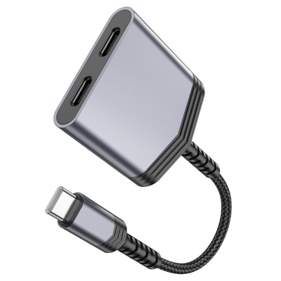 Переходник/Адаптер HOCO LS40 Type-C (m) - Dual Type-C (f), 8 см, серый металлик