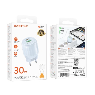 Сетевое зарядное устройство BOROFONE BA94A Lustrous 1xUSB + 1xUSB-C с Кабелем Type-C - Lightning, 3A, 30W, синий