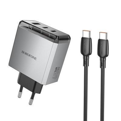 Сетевое зарядное устройство BOROFONE BN22 Lena 1xUSB + 2xUSB-C с Кабелем Type-C - Type-C, 3A, 65W, серый металлик