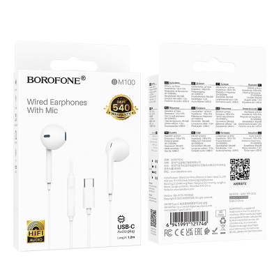 Проводные наушники BOROFONE BM100 Fuente, Type-C, 1.2 м, белый
