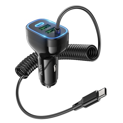 Автомобильное зарядное устройство HOCO NZ11A Guide, 1xUSB + 2xUSB-C с Кабелем Type-C, 3A, 30W, черный