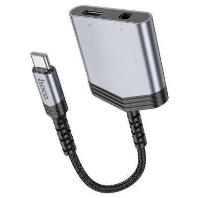 Переходник/Адаптер HOCO LS39 Type-C (m) - Jack 3.5 (f) / Type-C (f), 8 см, серый металлик