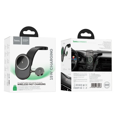 Автомобильный держатель HOCO HW28 Excelso, магнитный с беспроводной зарядкой, 15W, на приборную панель, черный+серый