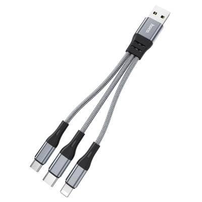 Кабель USB HOCO X47 Harbor 3 в 1 USB - Type-C + Lightning + MicroUSB, 2.4А, 25 см, серый металлик