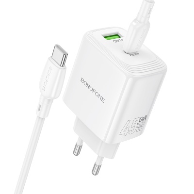 Сетевое зарядное устройство BOROFONE BN30 Cargador 1xUSB + 1xUSB-C с Кабелем Type-C - Type-C, 45W, белый