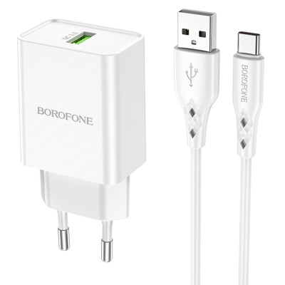 Сетевое зарядное устройство BOROFONE BN5 Jingrui single 1xUSB с Кабелем Type-C, 3.0A, 18W, белый