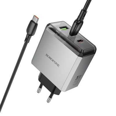 Сетевое зарядное устройство BOROFONE BN22 Lena 1xUSB + 2xUSB-C с Кабелем Type-C - Type-C, 3A, 65W, серый металлик
