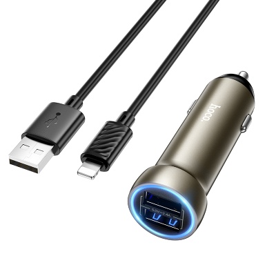 Автомобильное зарядное устройство HOCO Z54 Prosperous, 2xUSB с Кабелем USB - Lightning, 3.1A, 15.5W, золотой