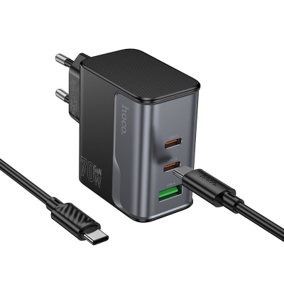 Сетевое зарядное устройство HOCO CS75A Star 1xUSB + 2xUSB-C с Кабелем Type-C - Type-C, 70W, черный
