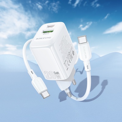 Сетевое зарядное устройство BOROFONE BN27 Fuente 1xUSB + 1xUSB-C с Кабелем Type-C - Type-C, 3A, 20W, белый