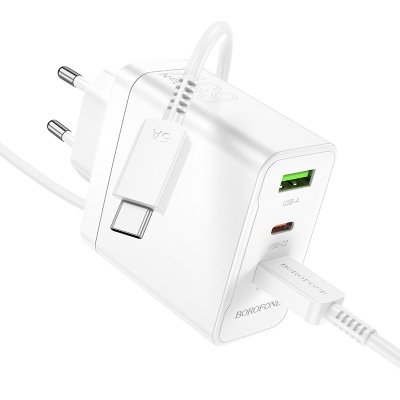 Сетевое зарядное устройство BOROFONE BN12 Manager 1xUSB + 2xUSB-C с Кабелем Type-C - Type-C, 65W, белый