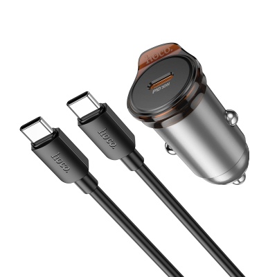 Автомобильное зарядное устройство HOCO NZ16 Rigorous, 1xUSB-C с Кабелем Type-C - Type-C, 30W, серый металлик