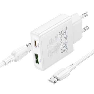Сетевое зарядное устройство BOROFONE BN24 Wish 1xUSB + 1xUSB-C с Кабелем Type-C - Type-C, 3A, 20W, белый