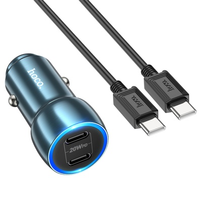 Автомобильное зарядное устройство HOCO Z48 Tough, 2xUSB-C с Кабелем Type-C - Type-C, 40W, синий