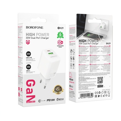 Сетевое зарядное устройство BOROFONE BN29 Fuente 1xUSB + 1xUSB-C, 3A, 30W, белый