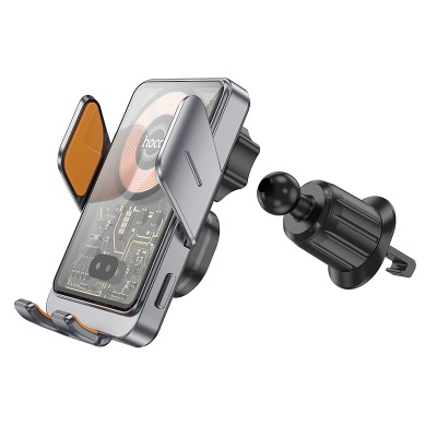 Автомобильный держатель HOCO HW7 Transparent, зажимной с беспроводной зарядкой, 15W, на воздуховод, серый металлик