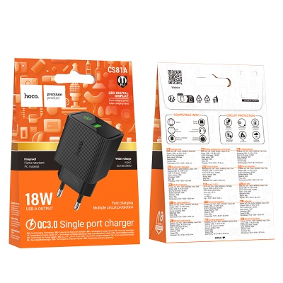 Сетевое зарядное устройство HOCO CS81A Excellent 1xUSB, 18W, черный