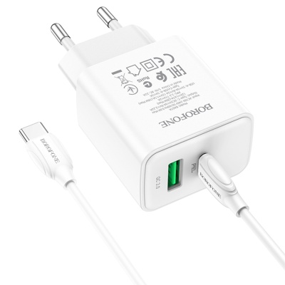 Сетевое зарядное устройство BOROFONE BA67A 1xUSB + 1xUSB-C с Кабелем Type-C - Type-C, 20W, белый