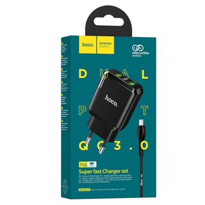 Сетевое зарядное устройство HOCO N6 Charmer 2xUSB с Кабелем USB - Micro, 3A, 18W, черный