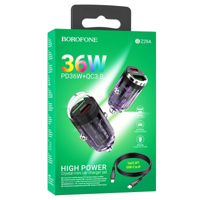 Автомобильное зарядное устройство BOROFONE BZ29A Talented, 1xUSB + 1xUSB-C с Кабелем Type-C - Lightning, 3A, 36W, фиолетовый
