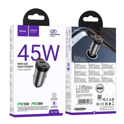 Автомобильное зарядное устройство HOCO NZ16B Rigorous, 2xUSB-C, 45W, серый металлик