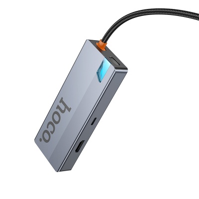 Переходник/Адаптер HOCO HB51 Wow 6 в 1 Type-C (m) - 3xUSB3.0 + Type-C PD + HDMI + RJ45, 19 см, серый металлик