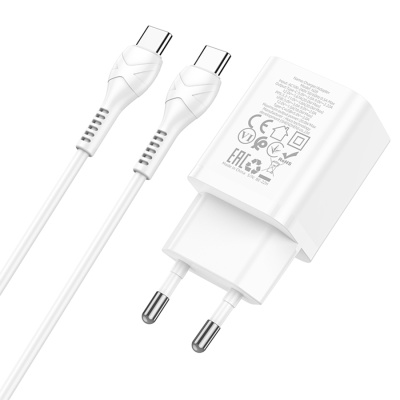 Сетевое зарядное устройство HOCO N28 Founder 1xUSB + 1xUSB-C с Кабелем Type-C - Type-C, 20W, белый