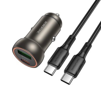Автомобильное зарядное устройство BOROFONE BZ32A Fresh, 1xUSB + 1xUSB-C с Кабелем Type-C - Type-C, 3A, 30W, золотой