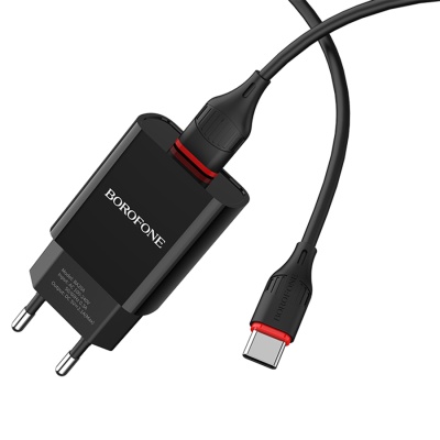 Сетевое зарядное устройство BOROFONE BA20A Sharp 1xUSB с Кабелем USB - Type-C, 2.1A, 10W, черный
