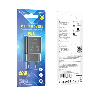 Сетевое зарядное устройство BOROFONE BA71A Power 1xUSB-C, 20W, черный