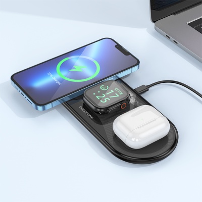 Беспроводное зарядное устройство BOROFONE BQ19 Powerful 3-in-1 для iPhone+Airpods+Apple Watch, 3A, 5W/7.5W/10W/15W, черный