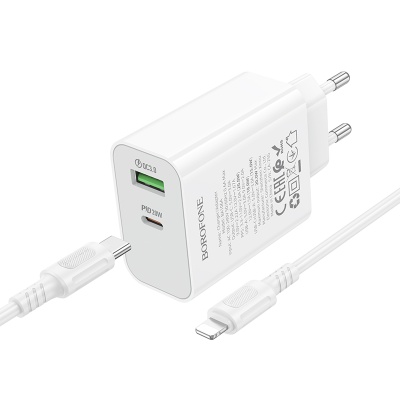 Сетевое зарядное устройство BOROFONE BA106A Stellar 1xUSB + 1xUSB-C с Кабелем Type-C - Lightning, 3A, 20W, белый