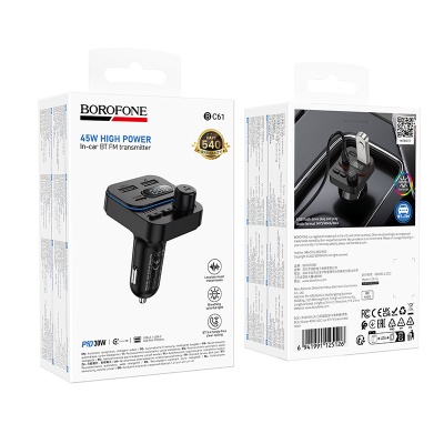 Автомобильное зарядное устройство с FM-Трансмиттер BOROFONE BC61 Ocean, 2xUSB + 1xUSB-C, 3A, 45W, черный