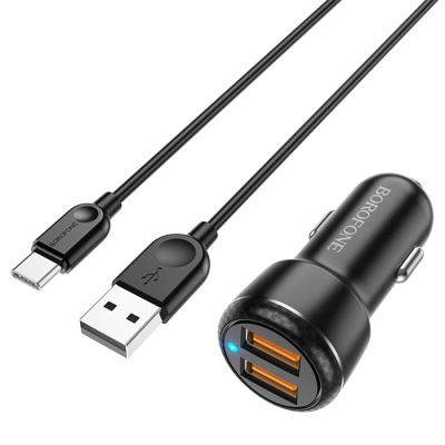 Автомобильное зарядное устройство BOROFONE BZ17 Core dual, 2xUSB с Кабелем USB - Type-C, 3A, 18W, черный