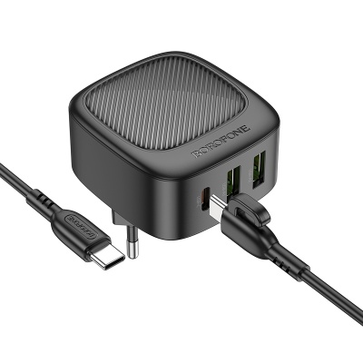 Сетевое зарядное устройство BOROFONE BAS23A Lucky 1xUSB + 2xUSB-C с Кабелем Type-C - Type-C, 3A, 30W, черный