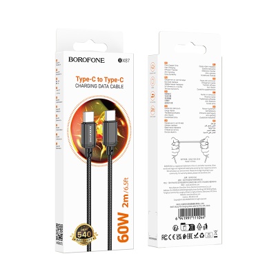 Кабель USB-C BOROFONE BX87 Sharp Type-C - Type-C, 3A, 60W, 2 м, черный